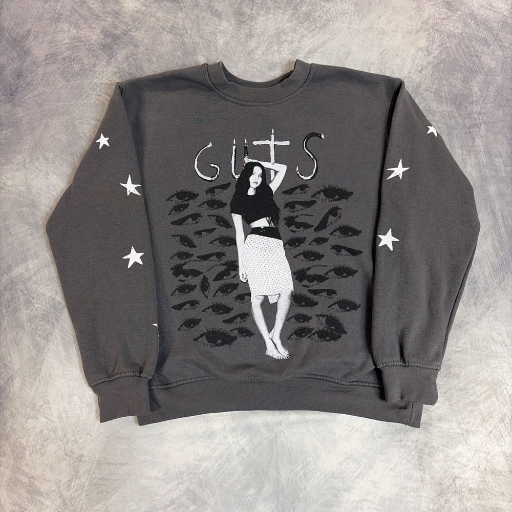Olivia Rodrigo Guts Sweatshirt Unisex Medium Gray Star Sleeve Graphic Crewneck